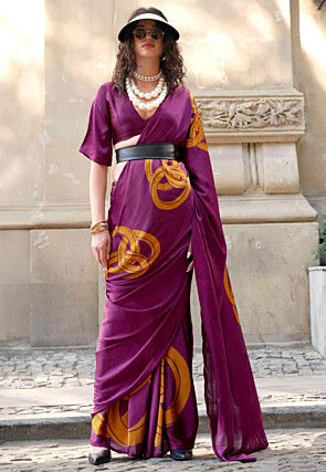 Digital Printed Satin Saree in Magenta