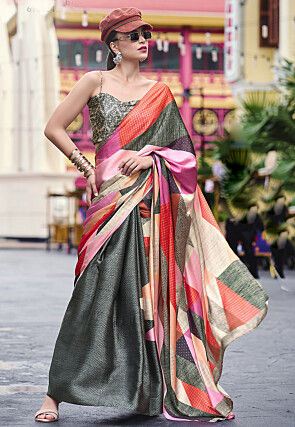 Digital Printed Satin Saree in Multicolor and Grey
