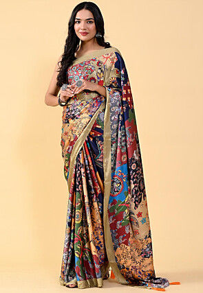 Digital Printed Satin Saree in Multicolor