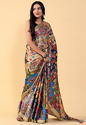 Digital Printed Satin Saree in Multicolor