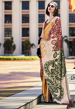 Digital Printed Satin Saree in Multicolor