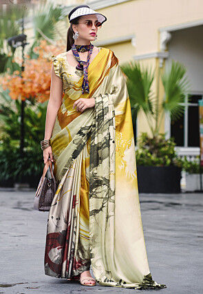 Digital Printed Satin Saree in Multicolor