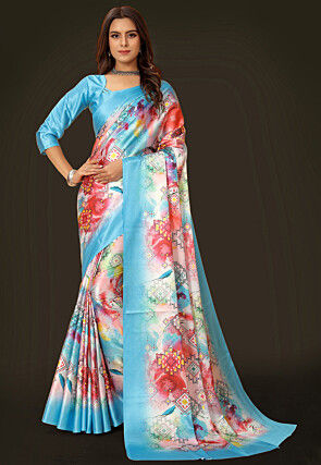 Digital Printed Satin Saree in Multicolor