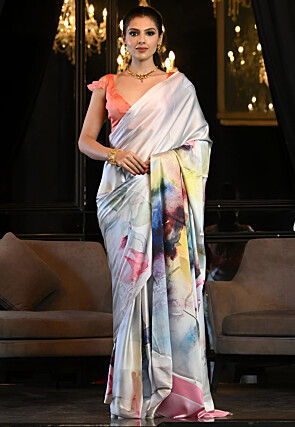 Digital Printed Satin Saree in Multicolor
