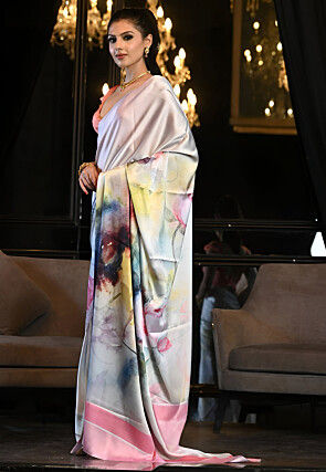 Digital Printed Satin Saree in Multicolor