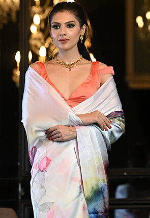 Digital Printed Satin Saree in Multicolor