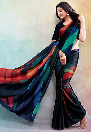 Digital Printed Satin Saree in Multicolor