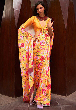 Digital Printed Satin Saree in Mustard