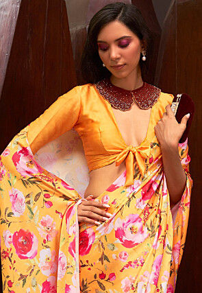 Digital Printed Satin Saree in Mustard