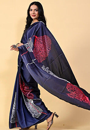Digital Printed Satin Saree in Navy Blue
