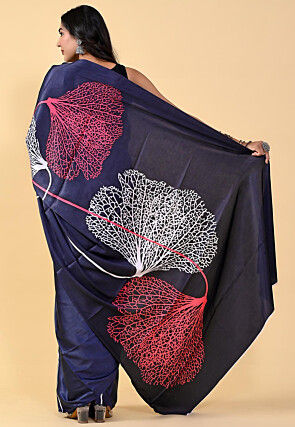 Digital Printed Satin Saree in Navy Blue