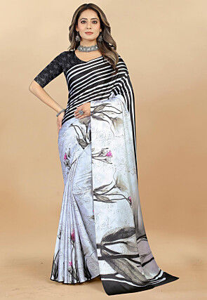 Digital Printed Satin Saree in Off White and Black