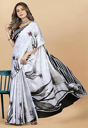 Digital Printed Satin Saree in Off White and Black