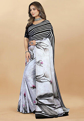 Digital Printed Satin Saree in Off White and Black