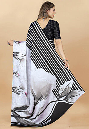 Digital Printed Satin Saree in Off White and Black
