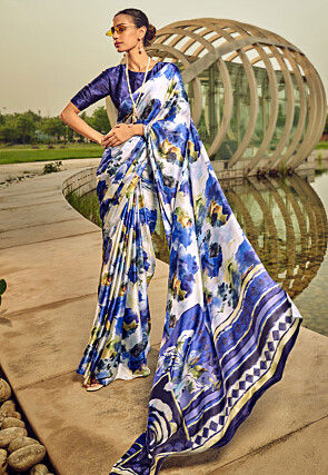 Digital Printed Satin Saree in Off White and Blue