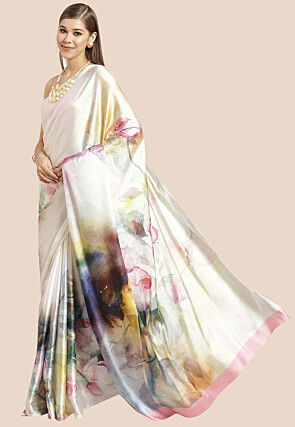 Digital Printed Satin Saree in Off White and Multicolor