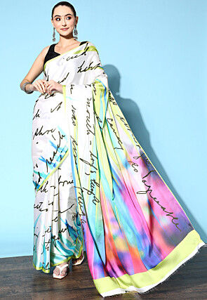 Digital Printed Satin Saree in Off White and Multicolor