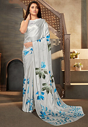 Digital Printed Satin Saree in Off White