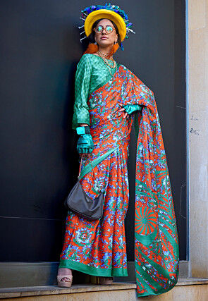 Digital Printed Satin Saree in Orange