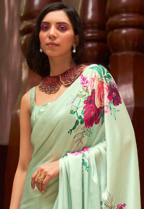 Digital Printed Satin Saree in Pastel Green