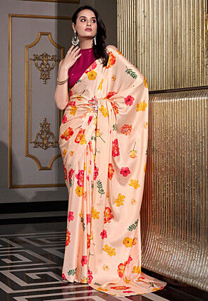 Digital Printed Satin Saree in Peach