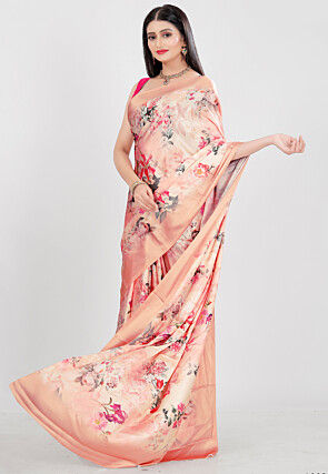 Digital Printed Satin Saree in Peach