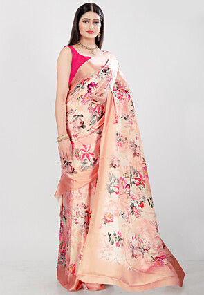 Digital Printed Satin Saree in Peach