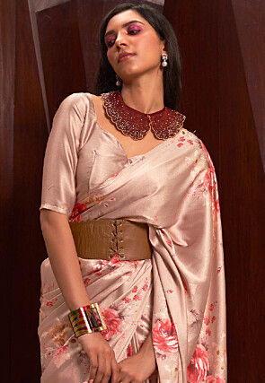 Digital Printed Satin Saree in Peach
