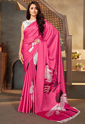 Digital Printed Satin Saree in Pink
