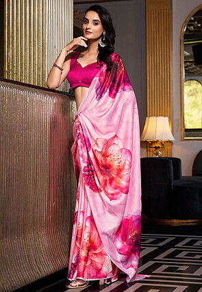 Digital Printed Satin Saree in Pink