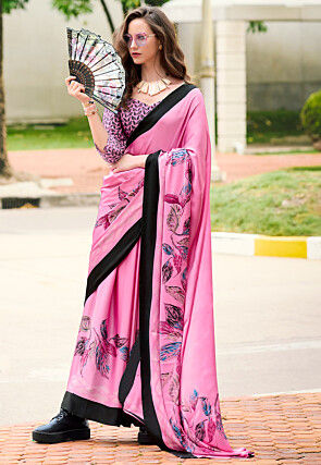 Digital Printed Satin Saree in Pink