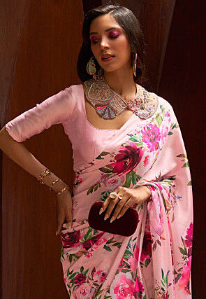 Digital Printed Satin Saree in Pink