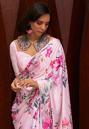 Digital Printed Satin Saree in Pink