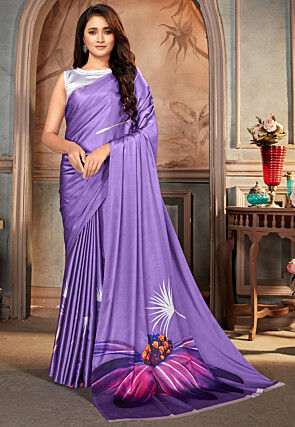Digital Printed Satin Saree in Purple