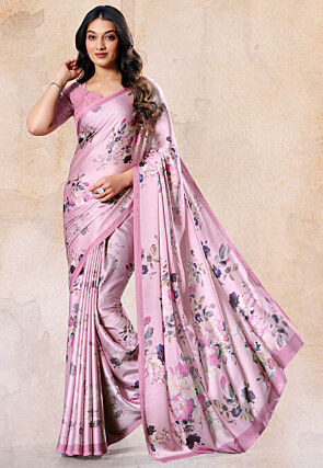 Digital Printed Satin Saree in Purple