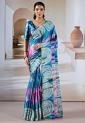 Digital Printed Satin Saree in Royal Blue and Pink