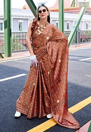 Digital Printed Satin Saree in Rust