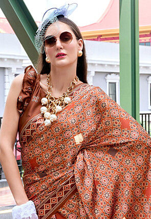 Digital Printed Satin Saree in Rust