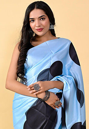 Digital Printed Satin Saree in Sky Blue