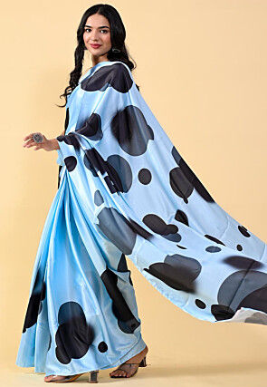 Digital Printed Satin Saree in Sky Blue