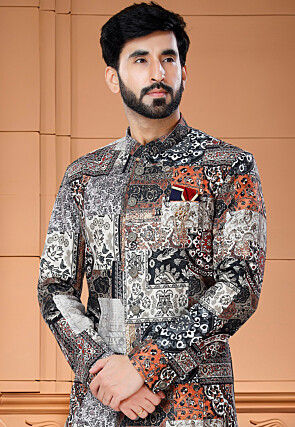 Digital Printed Satin Sherwani in Multicolor