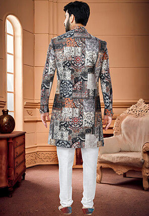 Digital Printed Satin Sherwani in Multicolor