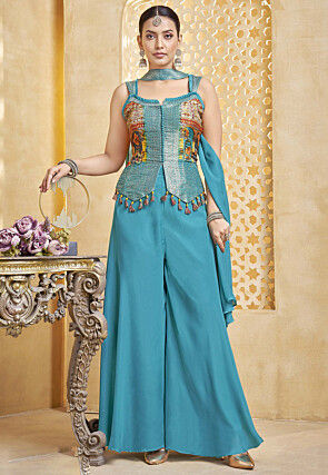 Digital Printed Satin Silk Jacquard Top Set in Blue