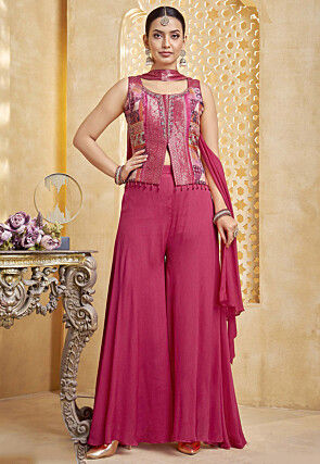 Digital Printed Satin Silk Jacquard Top Set in Dark Pink