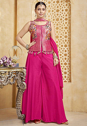 Digital Printed Satin Silk Jacquard Top Set in Fuchsia