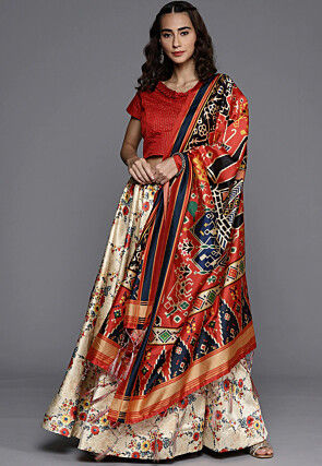 Digital Printed Satin Silk Lehenga in Beige