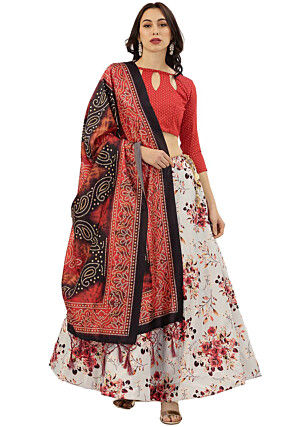 Digital Printed Satin Silk Lehenga in Beige