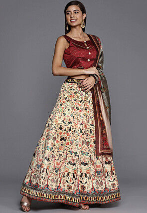 Digital Printed Satin Silk Lehenga in Beige