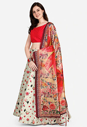 Digital Printed Satin Silk Lehenga in Beige
